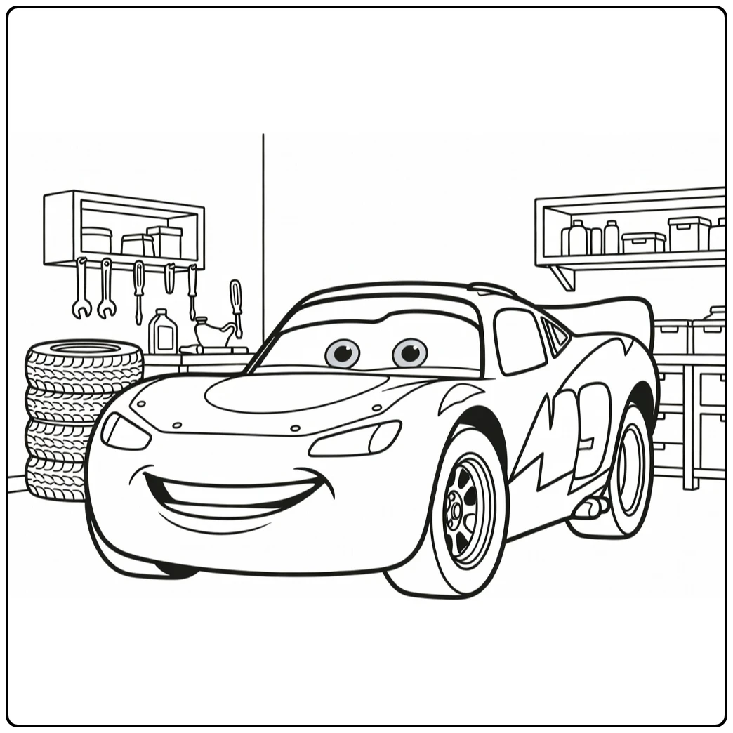 Lightning McQueen coloring page resting in a cozy garage