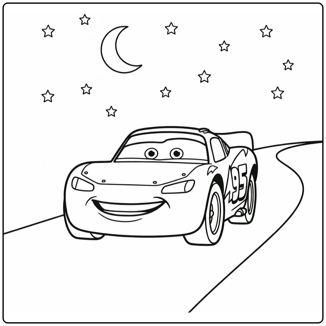 Lightning McQueen coloring page under a quiet night sky with stars