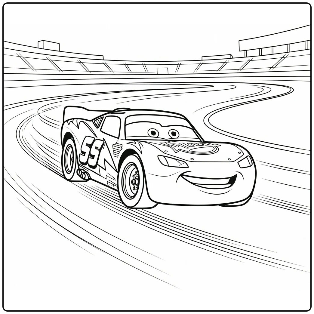 Lightning McQueen coloring page taking a turn on a race track