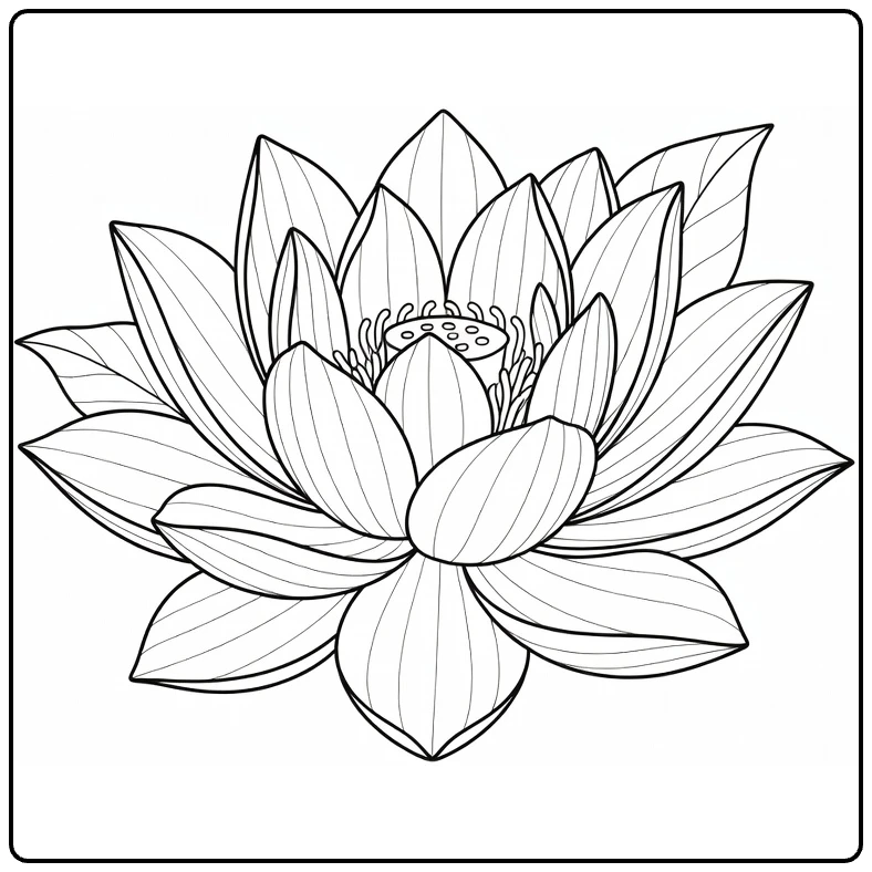 Lotus coloring page showing a layered flower with broad leaves