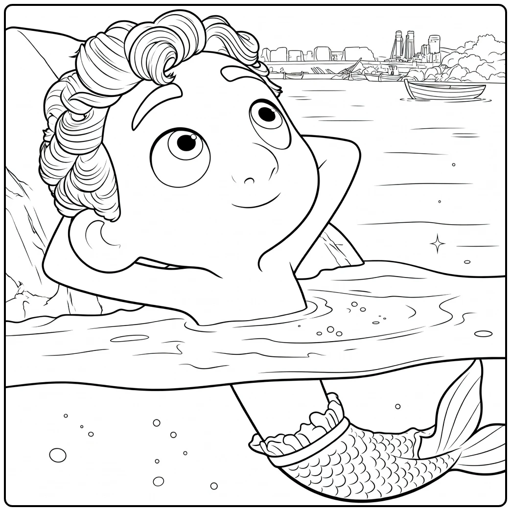 luca boy with tail kijkt naar haven coloring page luca