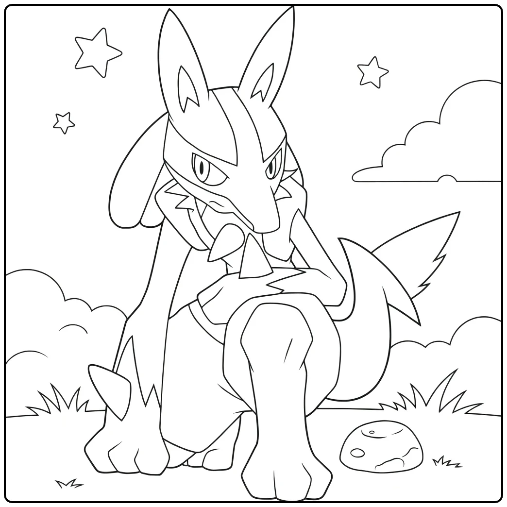 Lucario in Tough Pose Among Clouds and Grass coloring page