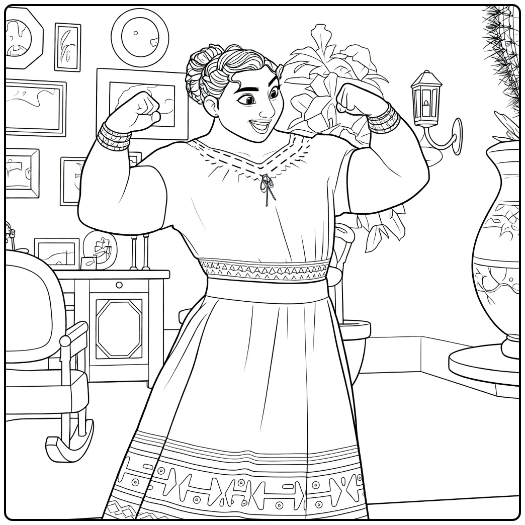 Luisa Madrigal coloring page flexing her strong arms