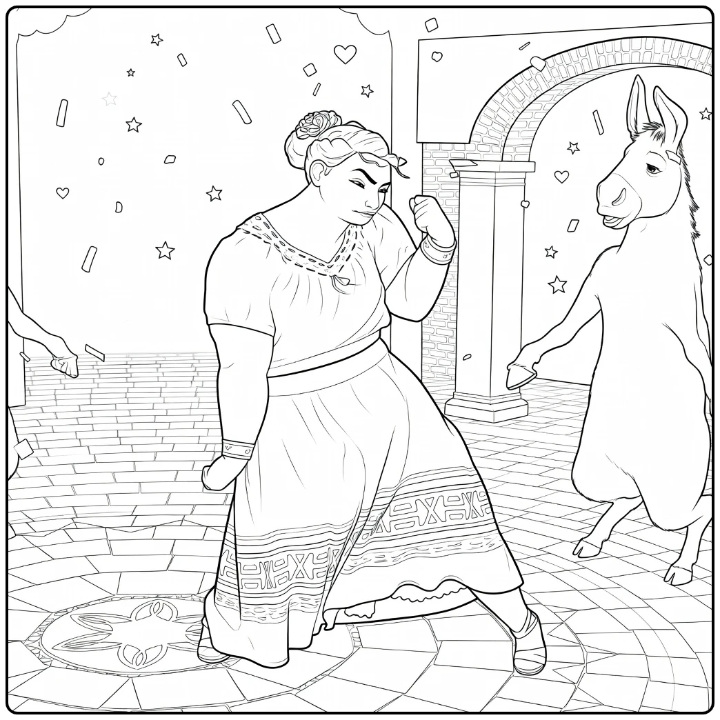 Luisa Madrigal in Dynamic Pose with Donkey coloring page