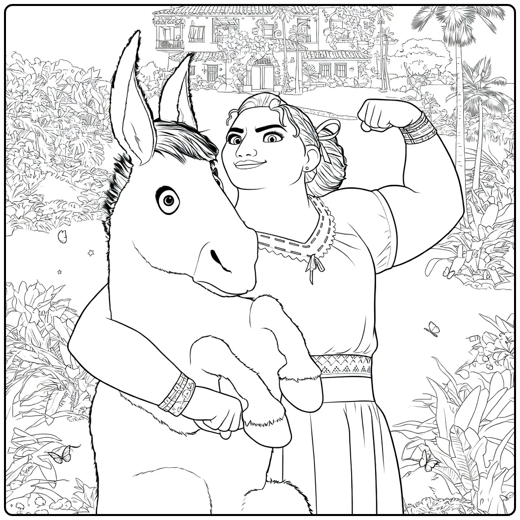 Luisa Madrigal Donkey Palm Trees Flowers coloring page