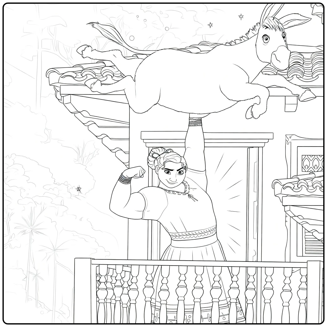 Luisa Madrigal Flexing Arm and Donkey coloring page