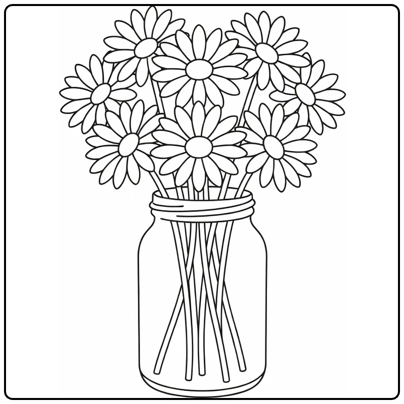 Daisy coloring page featuring flowers arranged in a glass vase