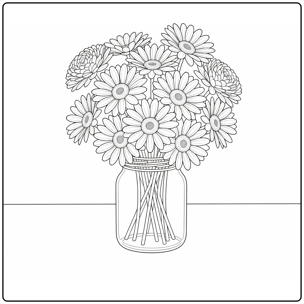 Daisy coloring page showing a flower bouquet in a table pot