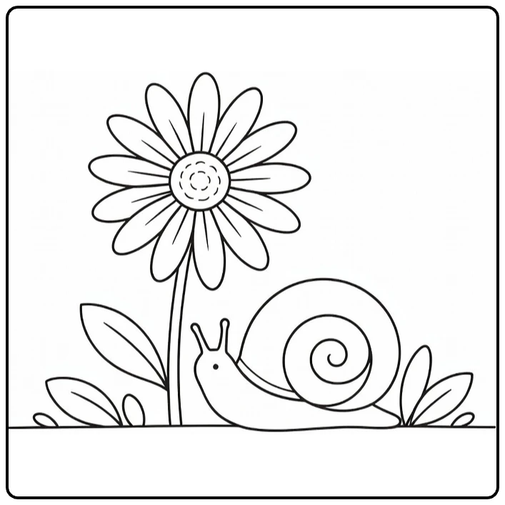 Nature coloring page with a snail beside a daisy flower