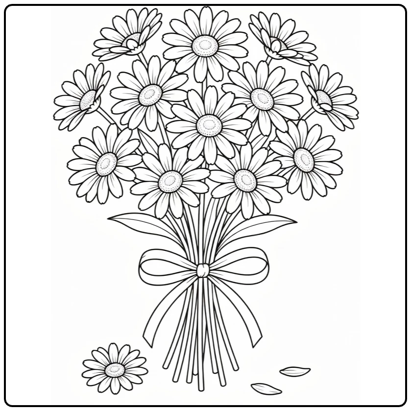 Daisy coloring page showing a flower bouquet tied with ribbon