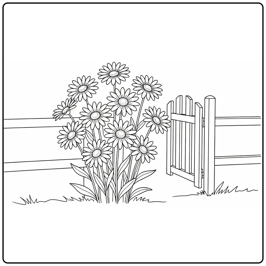 Garden daisy coloring page featuring flowers beside a gate