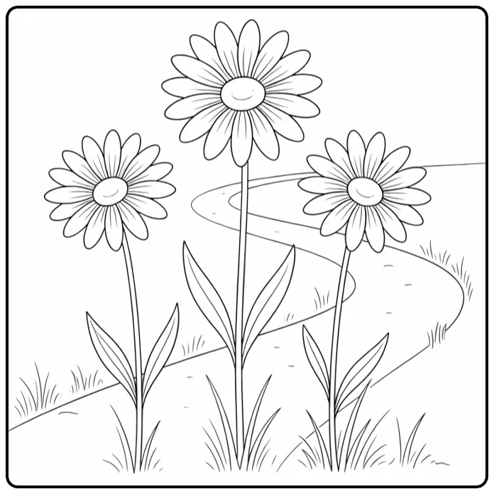 Field daisy coloring page featuring flowers beside a winding path