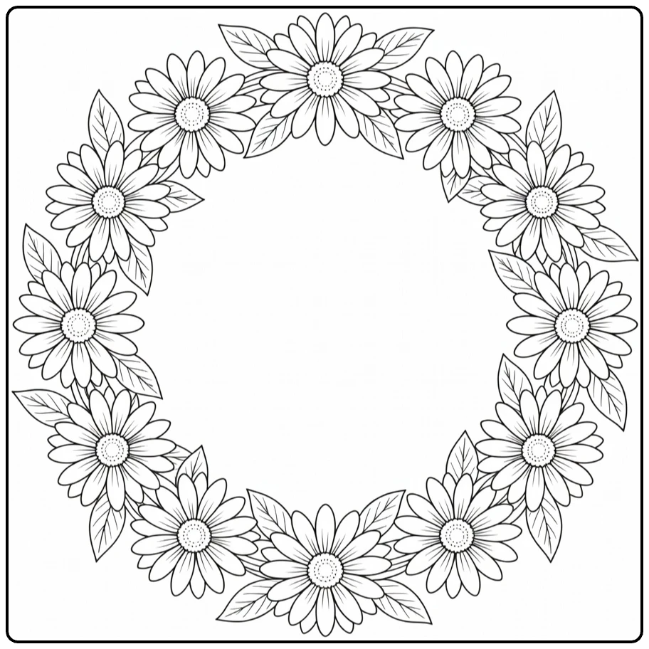 Decorative daisy coloring page with flowers arranged in a circle