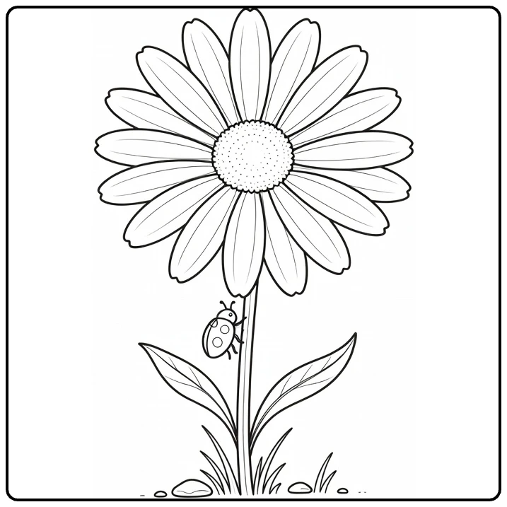 Daisy coloring page showing a ladybug beneath the flower