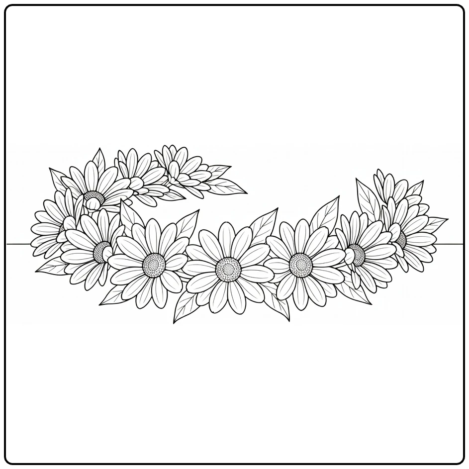 Daisy coloring page featuring a curved crown of flowers