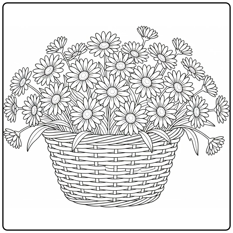 Daisy coloring page showing a basket full of flowers