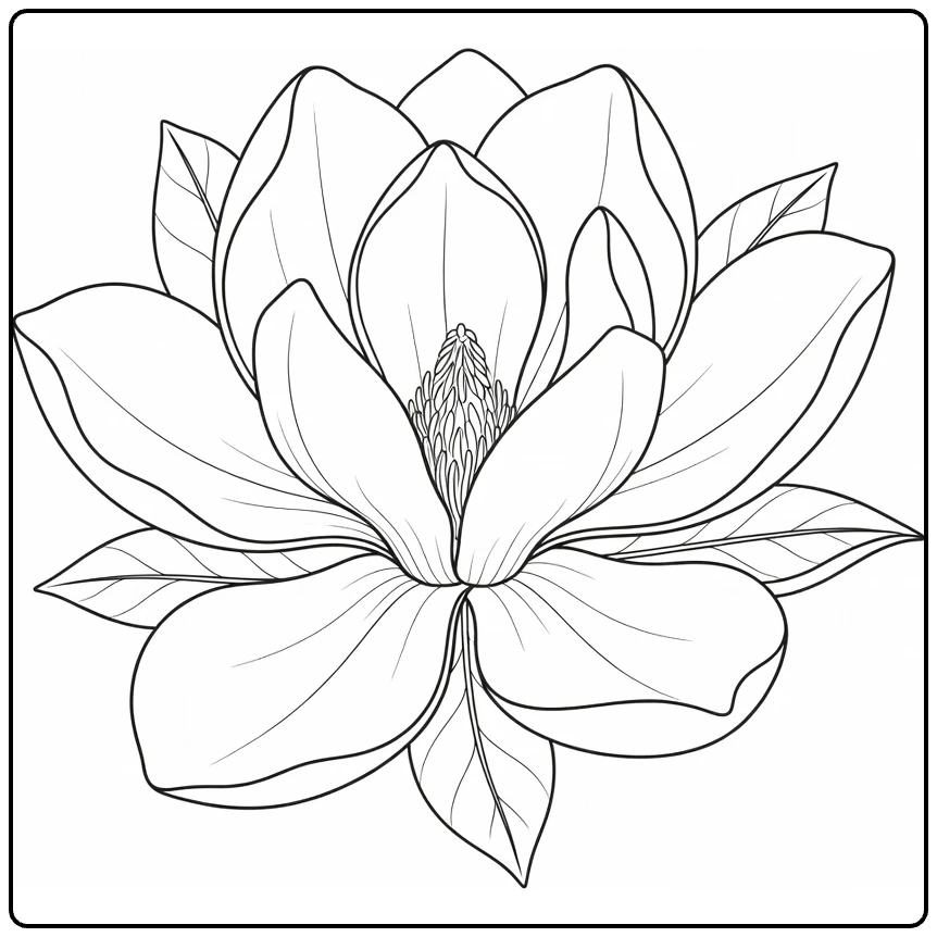 Botanical magnolia coloring page with a close-up layered flower