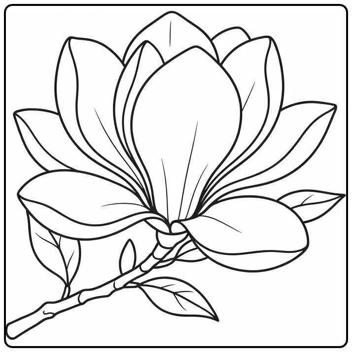 Magnolia coloring page featuring a large bloom on a leafy branch