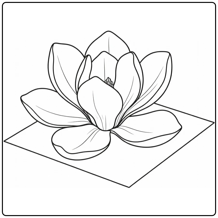Magnolia coloring page with a broad-petal flower on a greeting card