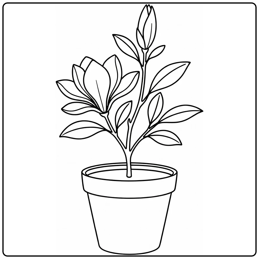 Potted magnolia coloring page featuring an open flower and upright bud