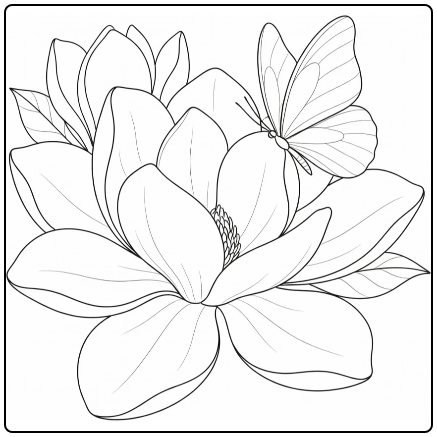 Magnolia coloring page featuring a butterfly resting on the blossom