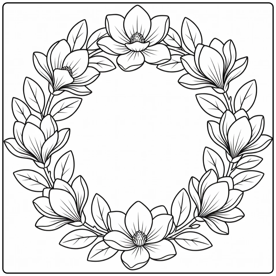 Decorative magnolia coloring page with blossoms arranged in a circle