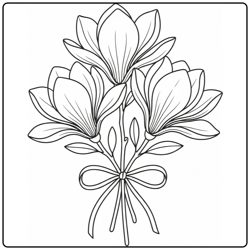 Magnolia coloring page showing a three-flower bouquet tied with ribbon