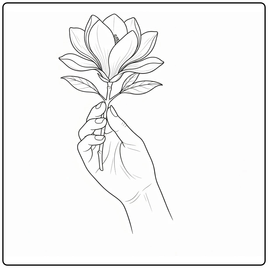 Magnolia coloring page featuring a hand holding a single blossom
