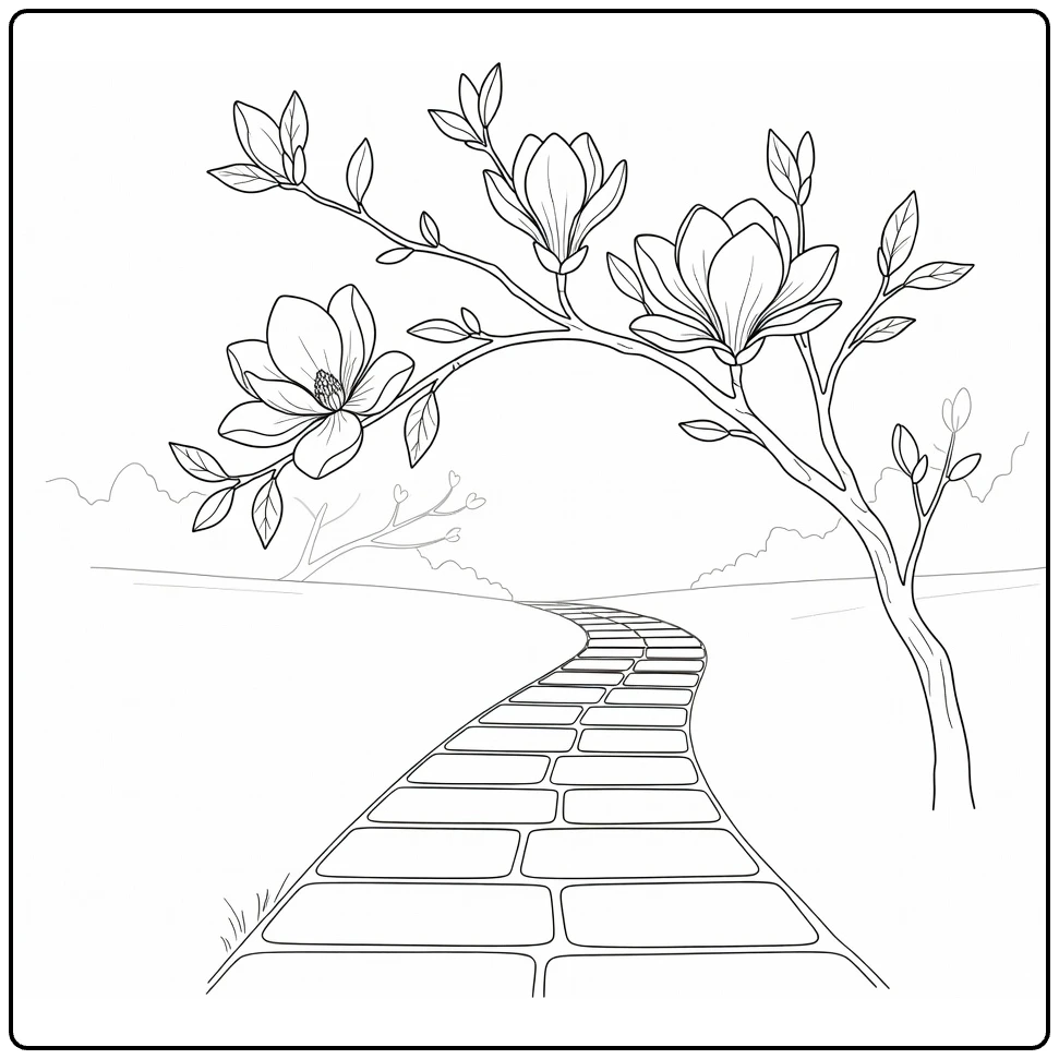 Scenic magnolia coloring page with flowering branches above a stone path