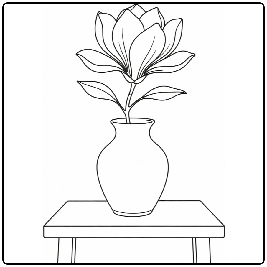 Magnolia coloring page featuring a flower arranged in a ceramic vase