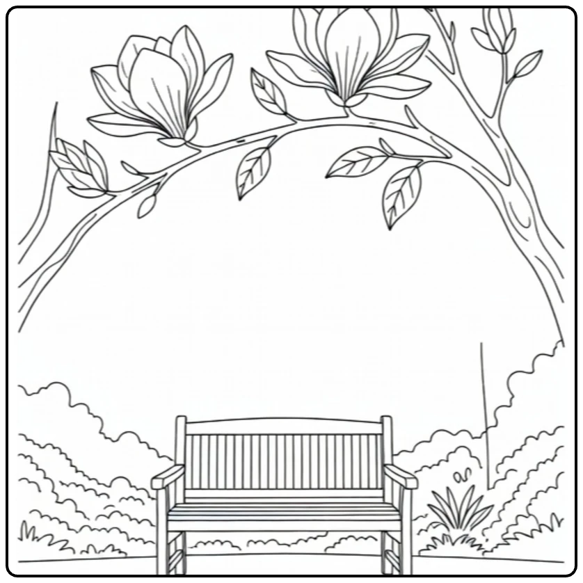 Peaceful magnolia coloring page with blossoms above a garden bench