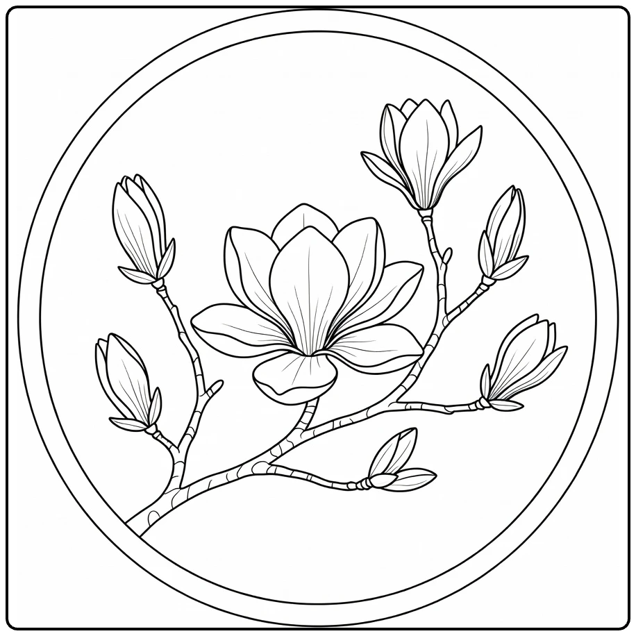 Magnolia coloring page showing a blossom branch in a round window