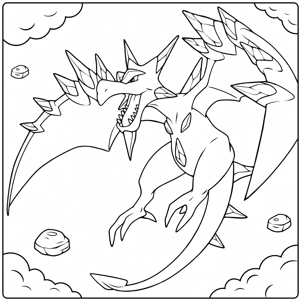 Mega Aerodactyl in Dynamic Pose with Spikes coloring page