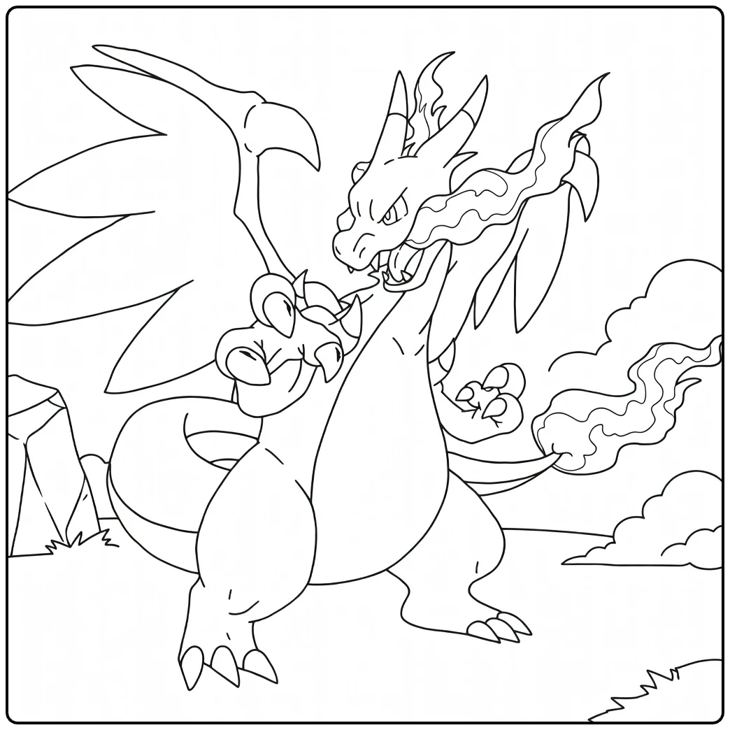 mega charizard x coloring page of machtige Pokemon in action