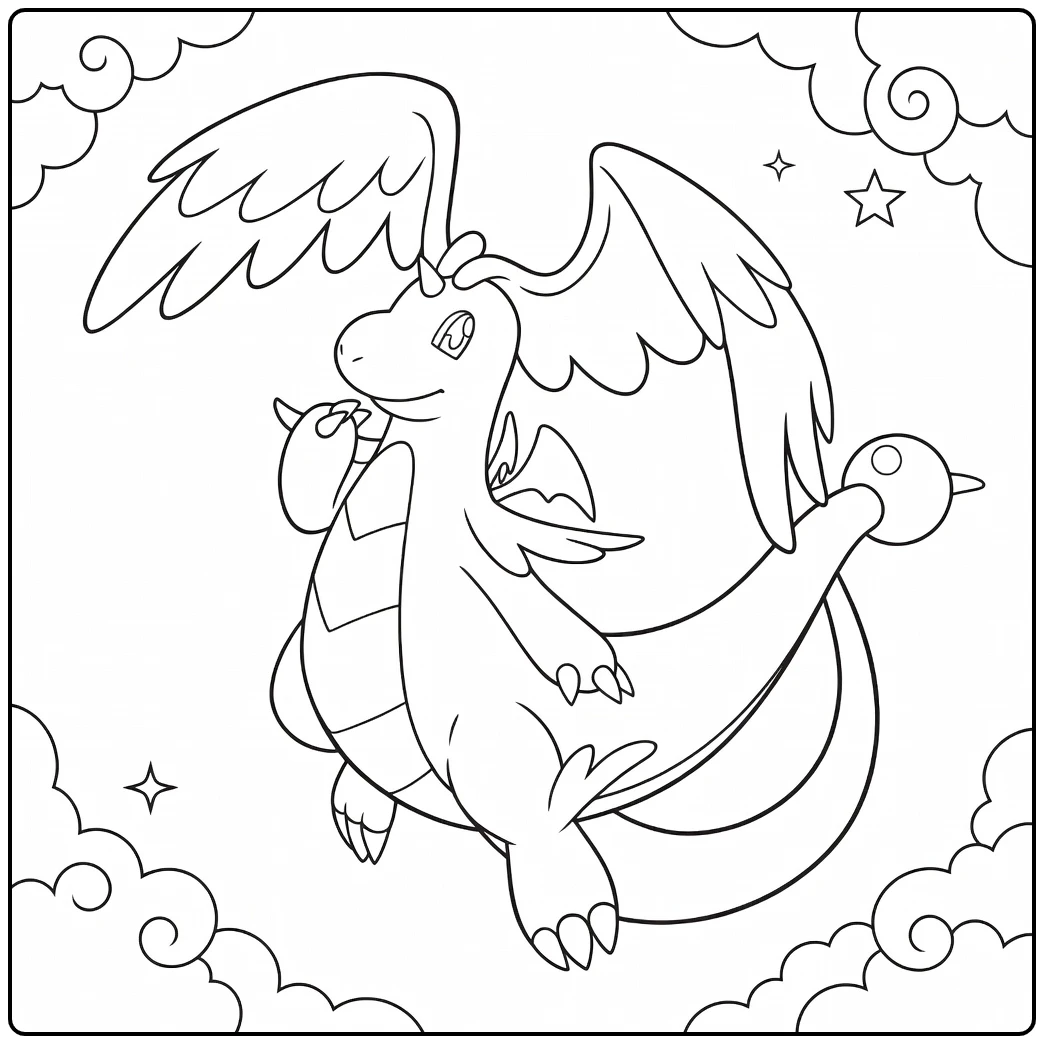 Mega Dragonite in Epic Flight with Stars coloring page
