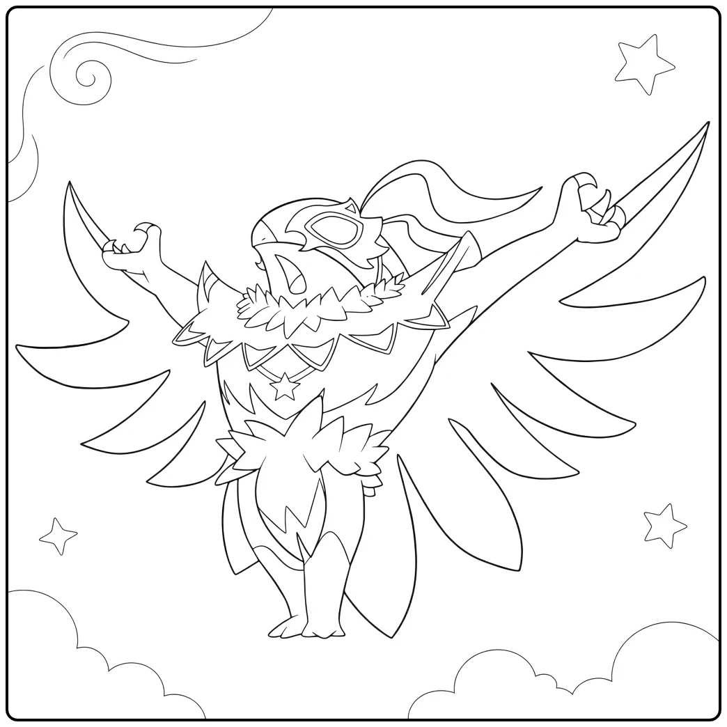 Mega Hawlucha in Dynamic Pose with Stars coloring page