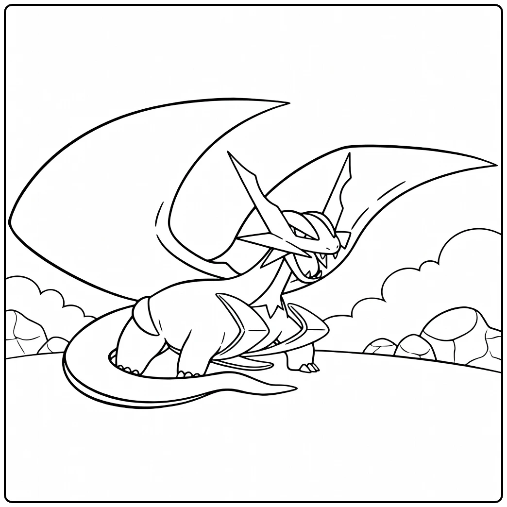 mega salamence coloring page in machtige pose