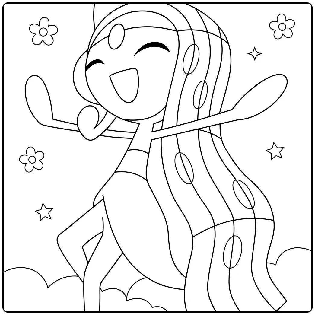 meloetta aria forme coloring page in happy pose with notenhaar