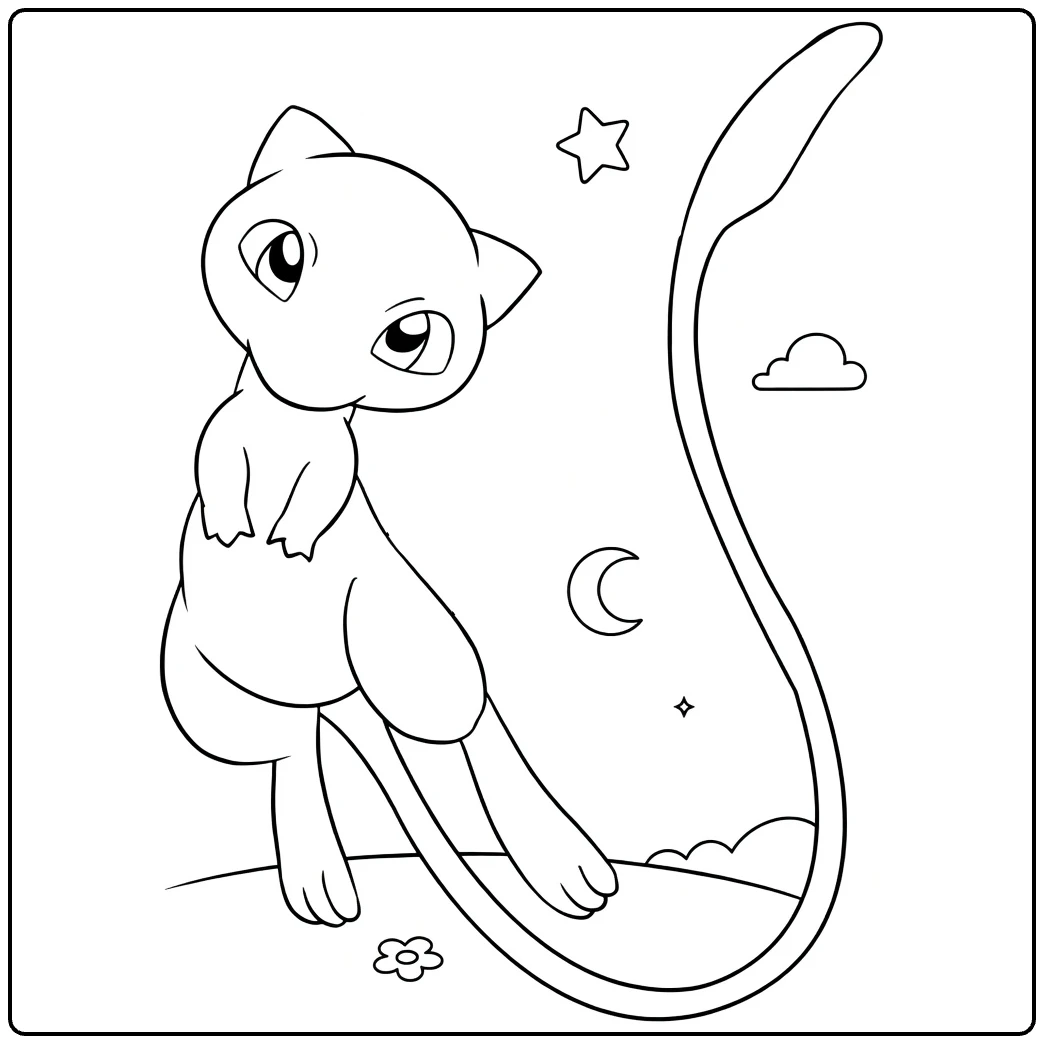 mew coloring page under sterrenhemel with clouds