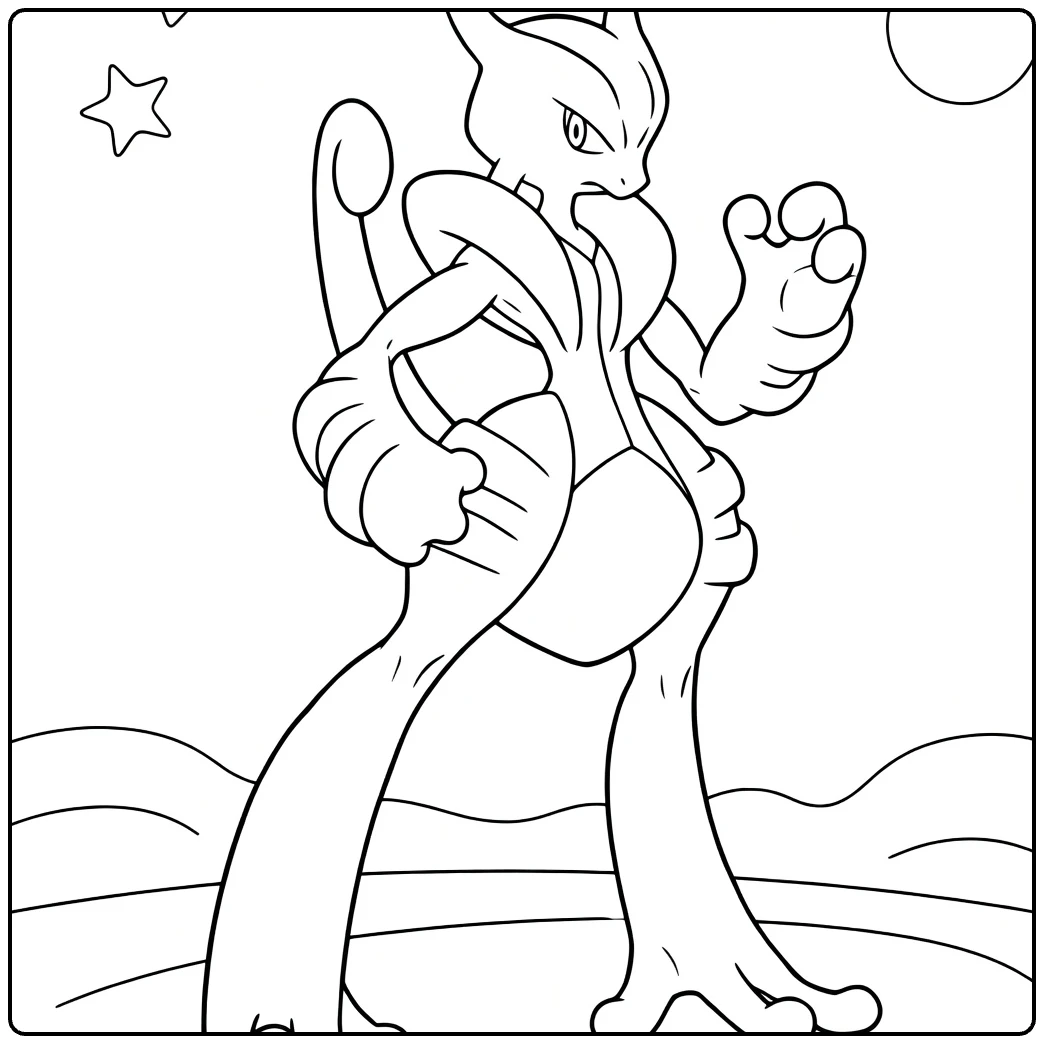 mewtwo coloring page in tough pose under nachthemel