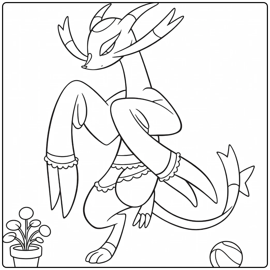 Mienshao Tough Pokemon with Flower Pot and Ball coloring page