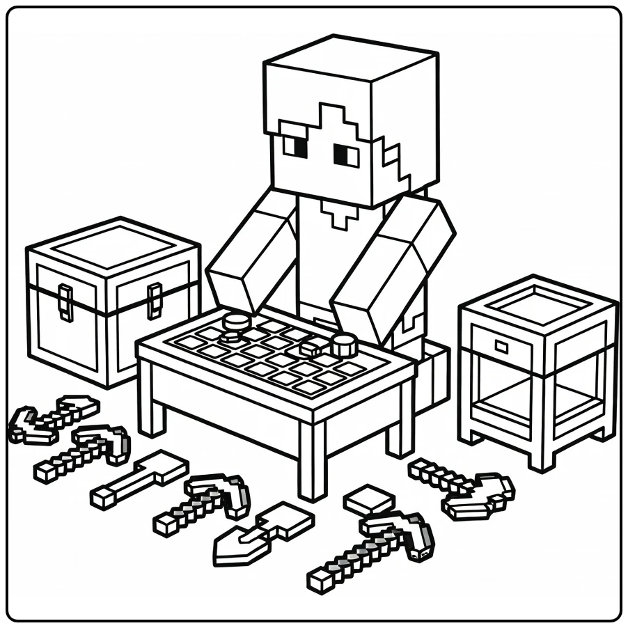 Minecraft Alex Crafting Table with Chest coloring page