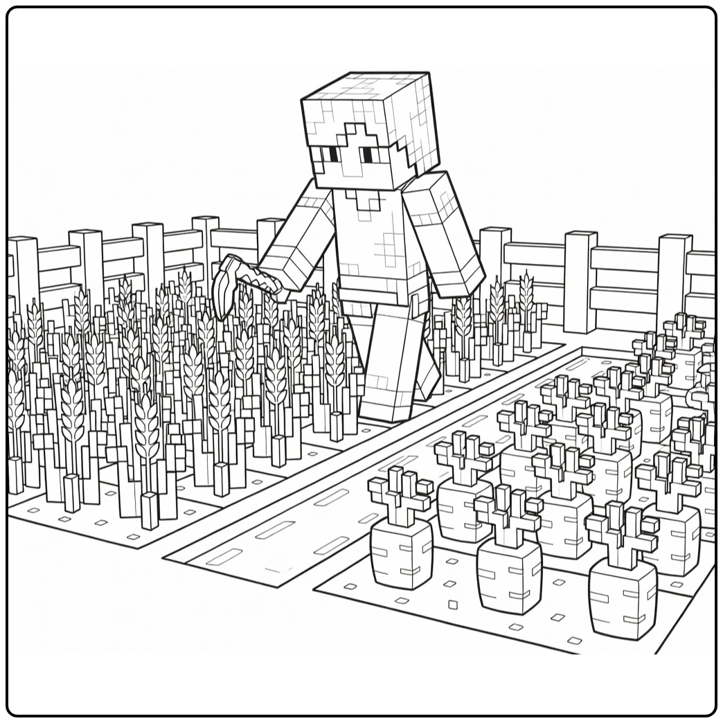 Minecraft Alex Farming in the Block Garden coloring page