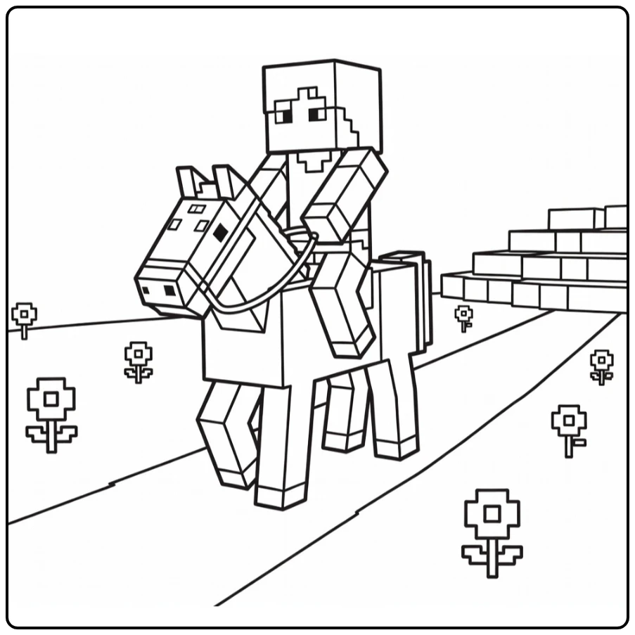 Minecraft Alex Riding on Blocky Horse with Hill coloring page