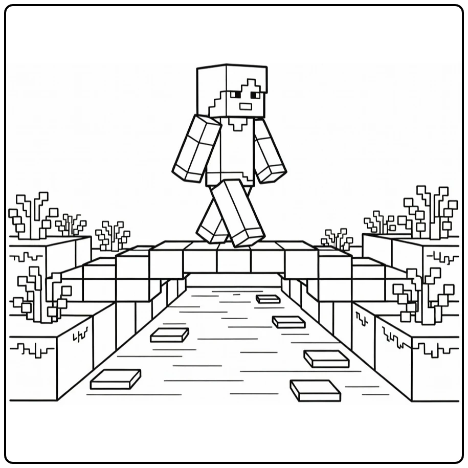 Minecraft Alex Crossing Bridge Over Narrow River coloring page