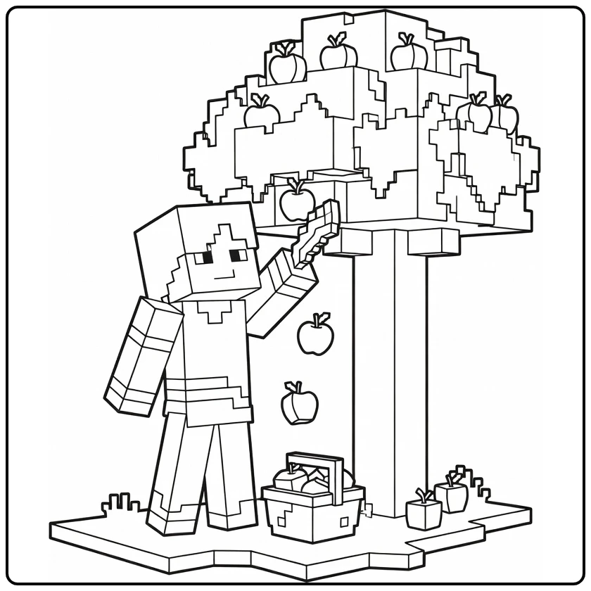 Minecraft Alex Tree Apples and Basket coloring page