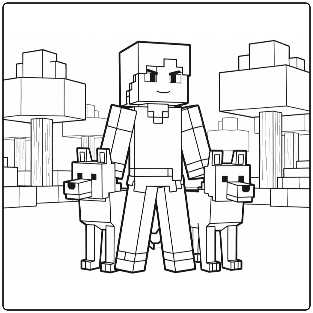 Minecraft Alex Wolf in Blocky Forest coloring page
