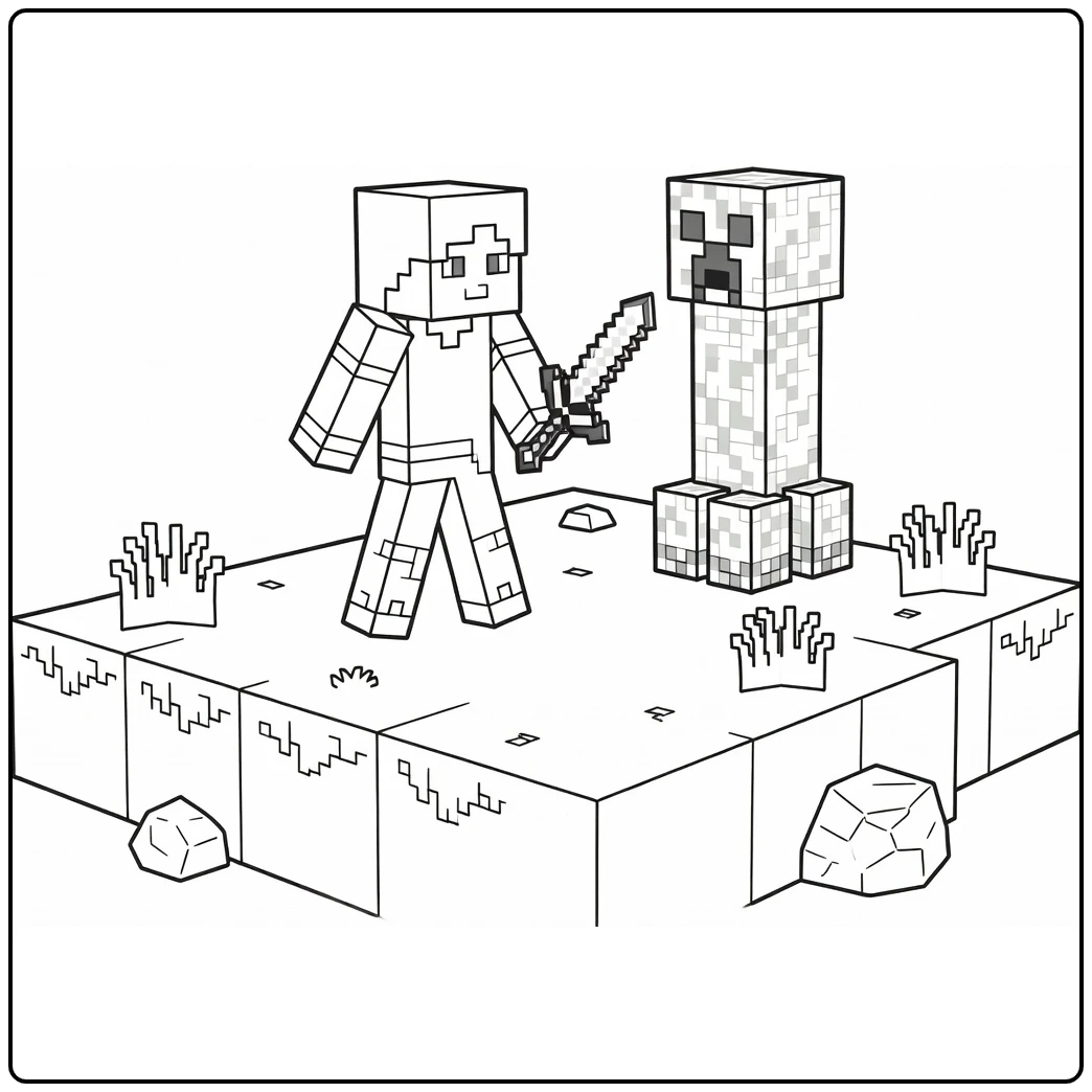 Minecraft Alex on Grass Platform with Rocks coloring page
