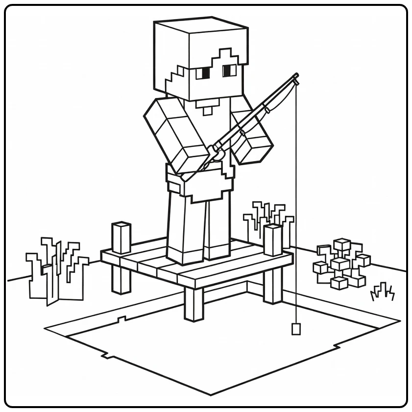 Minecraft Alex coloring page fishing beside a pond and dock