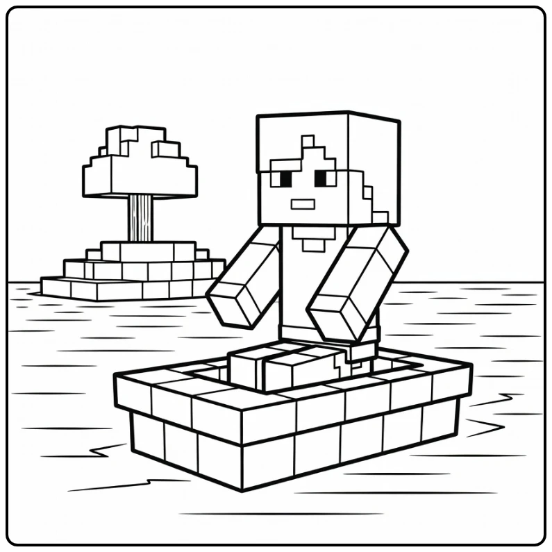 Minecraft Alex Sailing on Water with Small Island coloring page